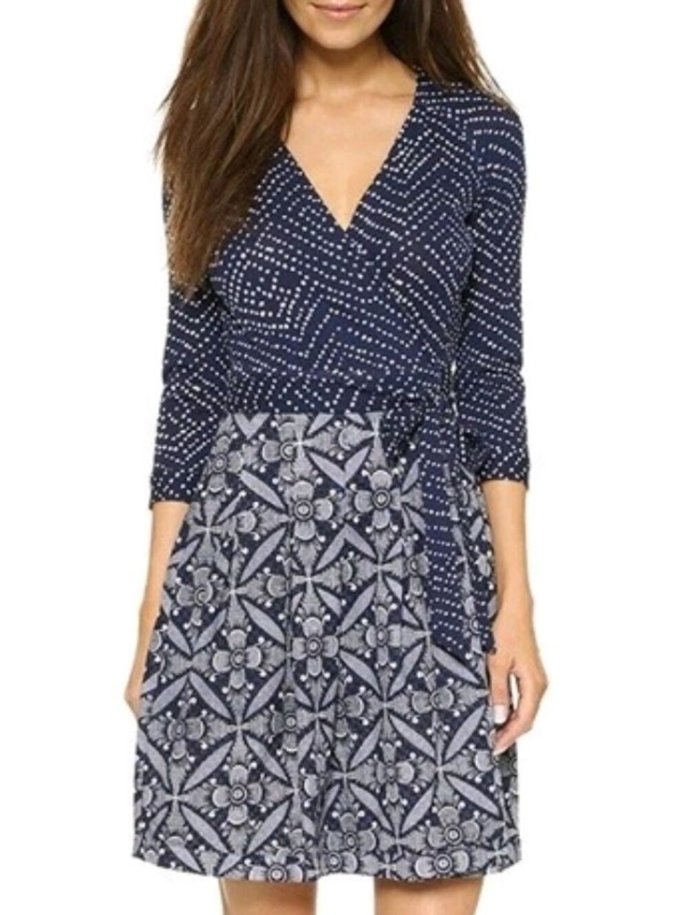 Diane von Furstenberg Blue Cotton Jewel Mixed-Print Pleated Wrap Dress Size 4